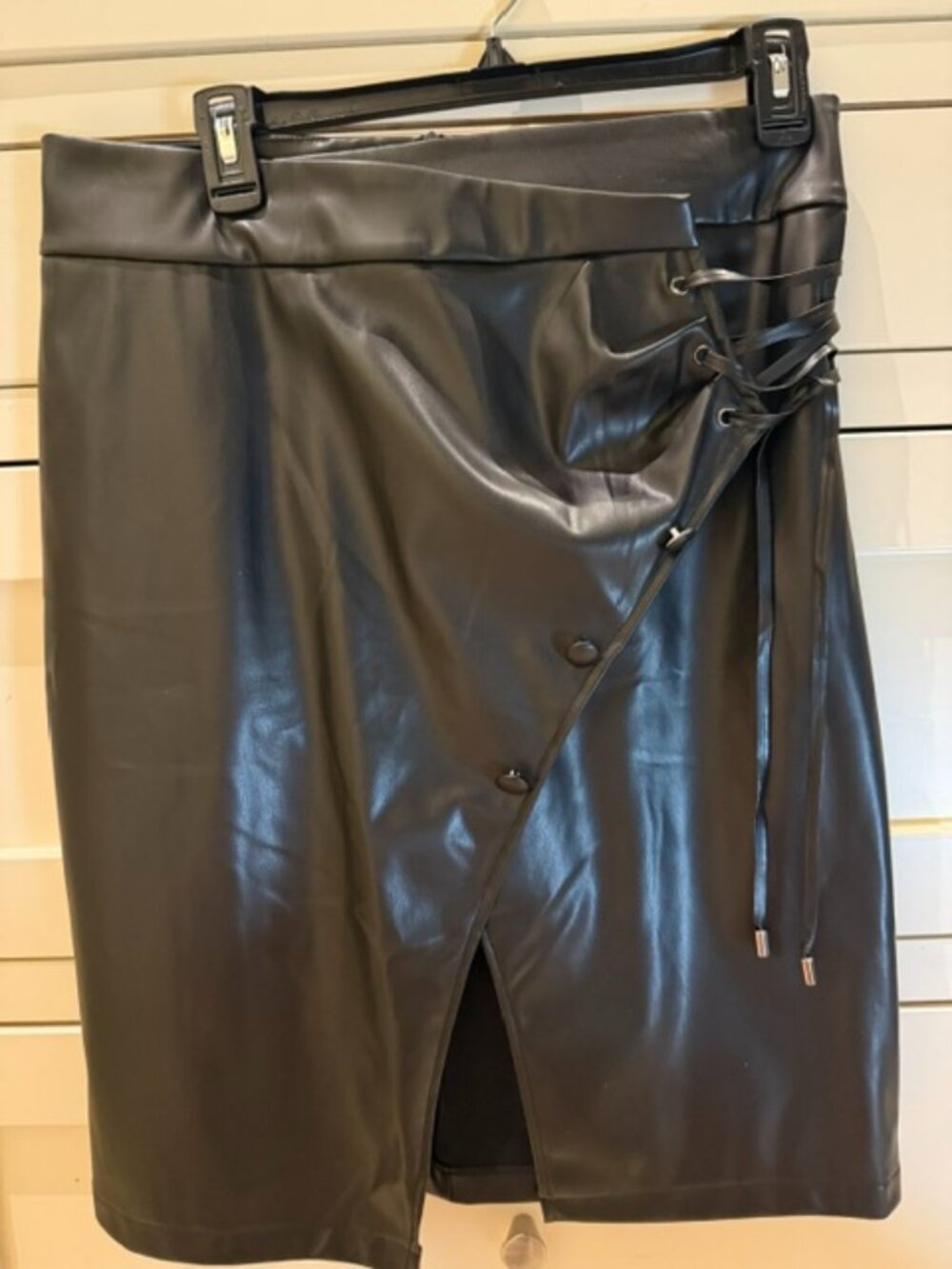 Women's Faux Leather Wrap Skirt- Black